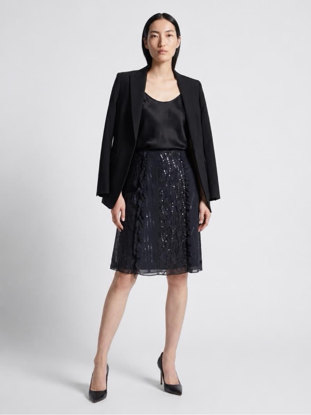 Black Sequin Ruffle Midi Skirt - Women